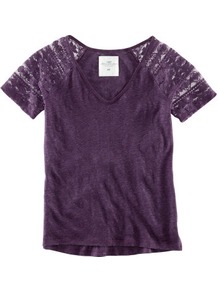 Top - neckline: v-neck; sleeve style: dolman/batwing; pattern: plain, patterned/print; style: t-shirt; shoulder detail: contrast pattern/fabric at shoulder; predominant colour: purple; occasions: casual, work, holiday; length: standard; fibres: linen - 100%; fit: body skimming; sleeve length: short sleeve; texture group: lace; pattern type: fabric; pattern size: small & light