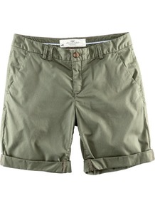 Shorts - pattern: plain; style: shorts; pocket detail: pockets at the sides; length: mid thigh shorts; waist: mid/regular rise; predominant colour: khaki; occasions: casual, holiday; fibres: cotton - stretch; waist detail: narrow waistband; jeans & bottoms detail: turn ups; texture group: cotton feel fabrics; fit: slim leg; pattern type: knitted - fine stitch; pattern size: standard