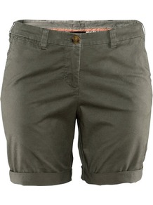 + Shorts - pattern: plain; style: shorts; pocket detail: traditional 5 pocket; length: mid thigh shorts; waist: mid/regular rise; predominant colour: khaki; occasions: casual, holiday; fibres: cotton - stretch; jeans & bottoms detail: turn ups; texture group: cotton feel fabrics; fit: slim leg; pattern type: fabric; pattern size: standard