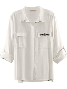 + Blouse - neckline: shirt collar/peter pan/zip with opening; bust detail: added detail/embellishment at bust, pocket detail at bust; length: below the bottom; style: blouse; predominant colour: ivory; occasions: casual, evening, work; fibres: polyester/polyamide - 100%; fit: loose; sleeve length: 3/4 length; sleeve style: standard; texture group: crepes; pattern type: fabric; pattern size: standard; embellishment: beading