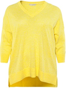 + Jumper - neckline: v-neck; sleeve style: dolman/batwing; pattern: plain; style: standard; predominant colour: yellow; occasions: casual; length: standard; fibres: linen - mix; fit: loose; back detail: longer hem at back than at front; sleeve length: 3/4 length; texture group: knits/crochet; pattern type: knitted - fine stitch; pattern size: standard