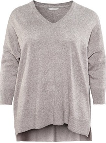 + Jumper - neckline: v-neck; sleeve style: dolman/batwing; pattern: plain; predominant colour: mid grey; occasions: casual; length: standard; style: a-line; fibres: linen - mix; fit: loose; back detail: longer hem at back than at front; sleeve length: 3/4 length; texture group: knits/crochet; pattern type: knitted - fine stitch; pattern size: standard