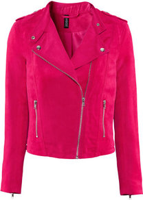 Jacket - pattern: plain; style: biker; collar: asymmetric biker; fit: slim fit; predominant colour: hot pink; occasions: casual, evening; length: standard; fibres: polyester/polyamide - 100%; shoulder detail: discreet epaulette; sleeve length: long sleeve; sleeve style: standard; collar break: medium; pattern type: fabric; texture group: suede