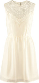Dress - style: shift; length: mid thigh; fit: fitted at waist; pattern: plain; sleeve style: sleeveless; waist detail: elasticated waist, fitted waist; shoulder detail: contrast pattern/fabric at shoulder; predominant colour: ivory; occasions: casual, evening; fibres: polyester/polyamide - 100%; neckline: crew; bust detail: contrast pattern/fabric/detail at bust; sleeve length: sleeveless; texture group: lace; pattern type: fabric; pattern size: small & light