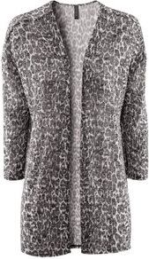 Cardigan - length: below the bottom; neckline: collarless open; style: open front; predominant colour: mid grey; occasions: casual, evening; fibres: polyester/polyamide - mix; fit: loose; sleeve length: 3/4 length; sleeve style: standard; texture group: knits/crochet; trends: volume; pattern type: knitted - other; pattern size: standard; pattern: animal print, patterned/print