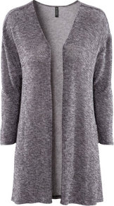 Cardigan - length: below the bottom; neckline: collarless open; style: open front; predominant colour: charcoal; occasions: casual, work; fibres: polyester/polyamide - stretch; fit: loose; sleeve length: 3/4 length; sleeve style: standard; texture group: knits/crochet; trends: volume; pattern type: knitted - other; pattern size: small & light; pattern: patterned/print