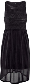 Dress - style: shift; neckline: round neck; fit: empire; sleeve style: sleeveless; waist detail: fitted waist, twist front waist detail/nipped in at waist on one side/soft pleats/draping/ruching/gathering waist detail; predominant colour: black; occasions: evening, occasion; length: just above the knee; fibres: polyester/polyamide - 100%; hip detail: soft pleats at hip/draping at hip/flared at hip; bust detail: contrast pattern/fabric/detail at bust; back detail: longer hem at back than at front; sleeve length: sleeveless; texture group: sheer fabrics/chiffon/organza etc.; pattern type: fabric; pattern size: standard; embellishment: embroidered