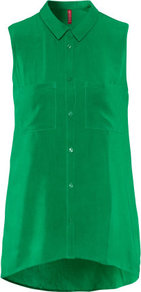 Blouse - neckline: shirt collar/peter pan/zip with opening; pattern: plain; sleeve style: sleeveless; length: below the bottom; style: blouse; predominant colour: emerald green; occasions: casual, evening, work; fibres: polyester/polyamide - 100%; fit: straight cut; back detail: longer hem at back than at front; sleeve length: sleeveless; texture group: crepes; pattern type: fabric; pattern size: standard