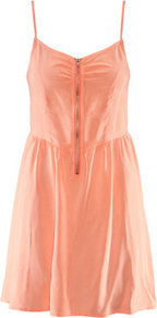 Dress - length: mid thigh; neckline: low v-neck; sleeve style: spaghetti straps; pattern: plain; style: sundress; waist detail: fitted waist, twist front waist detail/nipped in at waist on one side/soft pleats/draping/ruching/gathering waist detail; bust detail: buttons at bust (in middle at breastbone)/zip detail at bust; predominant colour: coral; occasions: casual, evening, holiday; fit: fitted at waist & bust; fibres: polyester/polyamide - 100%; hip detail: soft pleats at hip/draping at hip/flared at hip; sleeve length: sleeveless; texture group: crepes; pattern type: fabric; pattern size: standard