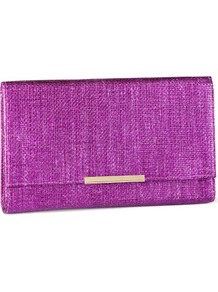 Clutch - predominant colour: purple; occasions: casual, evening, occasion, holiday; type of pattern: standard; style: clutch; length: hand carry; size: small; material: macrame/raffia/straw; pattern: plain; trends: metallics; finish: plain