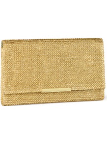 Clutch - predominant colour: gold; occasions: evening, occasion; type of pattern: standard; style: clutch; length: hand carry; size: small; material: macrame/raffia/straw; pattern: plain; trends: metallics; finish: metallic