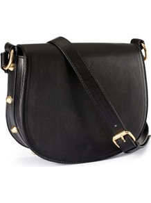 Shoulder Bag - predominant colour: black; occasions: casual; type of pattern: standard; style: saddle; length: across body/long; size: small; material: faux leather; embellishment: studs; pattern: plain; finish: plain
