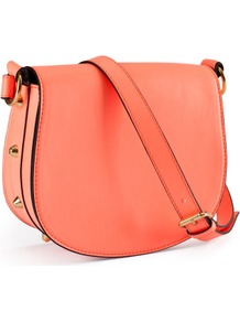 Shoulder Bag - predominant colour: coral; occasions: casual; type of pattern: standard; style: saddle; length: across body/long; size: small; material: faux leather; embellishment: studs; pattern: plain; trends: fluorescent; finish: plain