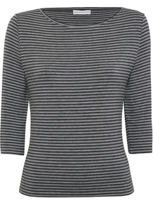 Women's Silver Stripe Boat Neck Top, Silver - pattern: horizontal stripes; predominant colour: silver; occasions: casual, holiday; length: standard; style: top; fibres: viscose/rayon - stretch; fit: tailored/fitted; neckline: crew; sleeve length: 3/4 length; sleeve style: standard; pattern type: fabric; pattern size: small & busy; texture group: jersey - stretchy/drapey