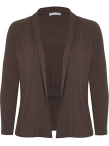 Taupe Pleat Detail Jersey Cardigan, Taupe - pattern: plain; neckline: collarless open; hip detail: flared at hip; bust detail: ruching/gathering/draping/layers/pintuck pleats at bust; style: open front; predominant colour: taupe; occasions: casual, work; length: standard; fibres: viscose/rayon - stretch; fit: standard fit; shoulder detail: added shoulder detail; sleeve length: 3/4 length; sleeve style: standard; pattern type: fabric; texture group: jersey - stretchy/drapey