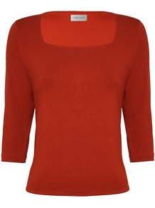 Women's Dark Orange Square Neck Jersey Top, Orange - neckline: high square neck; pattern: plain; predominant colour: bright orange; occasions: casual, work; length: standard; style: top; fibres: viscose/rayon - stretch; fit: body skimming; sleeve length: 3/4 length; sleeve style: standard; pattern type: fabric; texture group: jersey - stretchy/drapey
