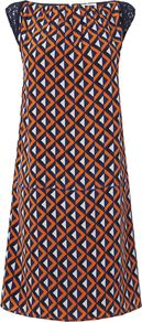 Women's Geoprint Panel Dress, Orange - style: shift; neckline: slash/boat neckline; sleeve style: capped; shoulder detail: contrast pattern/fabric at shoulder; predominant colour: bright orange; occasions: casual, evening, occasion; length: just above the knee; fit: soft a-line; fibres: silk - 100%; sleeve length: short sleeve; texture group: silky - light; trends: statement prints, modern geometrics; pattern type: fabric; pattern size: standard; pattern: patterned/print