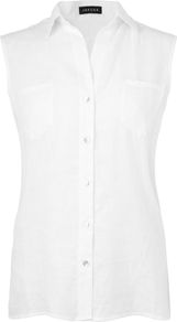 Women's Sleeveless Patch Pocket Linen Shirt, White - neckline: shirt collar/peter pan/zip with opening; pattern: plain; sleeve style: sleeveless; style: shirt; bust detail: pocket detail at bust, buttons at bust (in middle at breastbone)/zip detail at bust; predominant colour: white; occasions: casual, work; length: standard; fibres: linen - 100%; fit: tailored/fitted; sleeve length: sleeveless; texture group: linen; pattern type: fabric; pattern size: standard