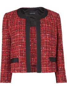 Women's Boucle Tweed Jacket, Red - collar: round collar/collarless; length: cropped; style: boxy; pattern: herringbone/tweed; predominant colour: true red; occasions: casual, evening, work; fit: straight cut (boxy); fibres: wool - mix; sleeve length: 3/4 length; sleeve style: standard; collar break: medium; pattern type: fabric; pattern size: standard; texture group: woven light midweight