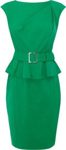 Women's Colourful Shift Dress, Green - style: shift; neckline: slash/boat neckline; sleeve style: capped; fit: tailored/fitted; pattern: plain; waist detail: fitted waist, peplum waist detail, belted waist/tie at waist/drawstring; hip detail: fitted at hip; bust detail: ruching/gathering/draping/layers/pintuck pleats at bust; predominant colour: emerald green; occasions: casual, evening, work; length: just above the knee; fibres: viscose/rayon - stretch; sleeve length: short sleeve; trends: glamorous day shifts, sculptural frills; pattern type: fabric; pattern size: standard; texture group: other - light to midweight