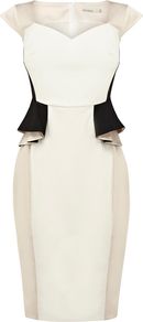 Women's Colourblock Cotton Peplum Dress, Cream - style: shift; sleeve style: capped; fit: tailored/fitted; pattern: plain, colourblock; waist detail: fitted waist, peplum waist detail; neckline: sweetheart; hip detail: fitted at hip; predominant colour: ivory; occasions: evening, occasion; length: just above the knee; fibres: cotton - mix; sleeve length: short sleeve; texture group: crepes; pattern type: fabric; pattern size: standard