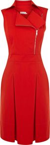 Zip Biker Dress, Red - neckline: shirt collar/peter pan/zip with opening; pattern: plain; sleeve style: sleeveless; waist detail: fitted waist; bust detail: buttons at bust (in middle at breastbone)/zip detail at bust; predominant colour: true red; occasions: casual, evening; length: just above the knee; fit: fitted at waist & bust; style: fit & flare; fibres: viscose/rayon - stretch; hip detail: structured pleats at hip; sleeve length: sleeveless; pattern type: fabric; texture group: other - light to midweight