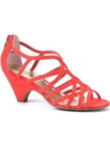 Coral Strappy Mid Heel Sandals - predominant colour: coral; occasions: evening, occasion, holiday; material: faux leather; heel height: mid; embellishment: zips; heel: cone; toe: open toe/peeptoe; style: strappy; finish: plain; pattern: plain