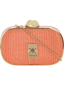 Kardashian Kollection Coral Straw Clutch - predominant colour: coral; occasions: evening, occasion, holiday; type of pattern: light; style: clutch; length: hand carry; size: small; material: macrame/raffia/straw; pattern: plain; finish: plain; embellishment: chain/metal