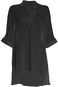 Eva Silk Georgette Shirt Black - neckline: v-neck; pattern: plain; length: below the bottom; style: shirt; predominant colour: black; occasions: casual, evening, holiday; fibres: silk - 100%; fit: loose; sleeve length: half sleeve; sleeve style: standard; texture group: sheer fabrics/chiffon/organza etc.; pattern type: fabric