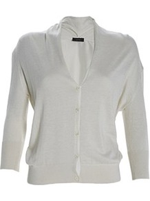 Drape Cashmere Silk Cardi White - neckline: v-neck; pattern: plain; predominant colour: white; occasions: casual, evening, work, holiday; length: standard; style: standard; fibres: silk - mix; fit: standard fit; sleeve length: 3/4 length; sleeve style: standard; texture group: knits/crochet; pattern type: fabric; pattern size: standard