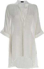 Eva Silk Georgette Shirt Chalk - pattern: plain; length: below the bottom; style: shirt; predominant colour: white; occasions: casual, evening, holiday; neckline: mandarin with v-neck; fibres: silk - 100%; fit: loose; hip detail: soft pleats at hip/draping at hip/flared at hip; bust detail: contrast pattern/fabric/detail at bust; back detail: longer hem at back than at front; sleeve length: 3/4 length; sleeve style: standard; texture group: sheer fabrics/chiffon/organza etc.; pattern type: fabric; pattern size: standard