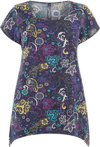 Paisley Print Dipped Hem Top - neckline: round neck; style: t-shirt; occasions: casual, holiday; length: standard; fibres: cotton - 100%; fit: straight cut; predominant colour: multicoloured; sleeve length: short sleeve; sleeve style: standard; trends: statement prints; pattern type: fabric; pattern size: big & busy; pattern: patterned/print; texture group: jersey - stretchy/drapey