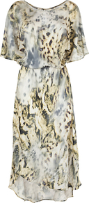 Honor Printed Dress, Eliah Digi - length: below the knee; neckline: slash/boat neckline; sleeve style: dolman/batwing; fit: loose; style: blouson; waist detail: fitted waist; predominant colour: mid grey; occasions: evening, work, occasion, holiday; fibres: viscose/rayon - 100%; sleeve length: short sleeve; texture group: sheer fabrics/chiffon/organza etc.; pattern type: fabric; pattern size: big & busy; pattern: patterned/print