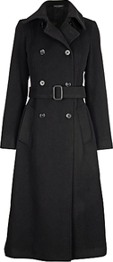 Double Breasted Coat - pattern: plain; style: double breasted; hip detail: front pockets at hip; predominant colour: black; occasions: casual, evening, work; fit: tailored/fitted; fibres: wool - mix; length: below the knee; collar: shirt collar/peter pan/zip with opening; waist detail: belted waist/tie at waist/drawstring; sleeve length: long sleeve; sleeve style: standard; collar break: high/illusion of break when open; pattern type: fabric; texture group: woven light midweight