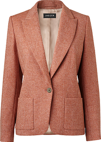 Tweed Jacket, Apricot - style: single breasted blazer; collar: standard lapel/rever collar; pattern: herringbone/tweed; predominant colour: terracotta; occasions: casual, evening, work; length: standard; fit: tailored/fitted; fibres: wool - 100%; waist detail: fitted waist; back detail: back vent/flap at back; sleeve length: long sleeve; sleeve style: standard; collar break: low/open; pattern type: fabric; pattern size: small & busy; texture group: woven light midweight