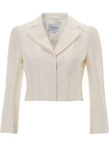 Invitation Paulina Jacket - pattern: plain; style: cropped; length: cropped; collar: standard lapel/rever collar; predominant colour: ivory; occasions: casual, evening, work, occasion; fit: tailored/fitted; fibres: wool - mix; sleeve length: long sleeve; sleeve style: standard; texture group: structured shiny - satin/tafetta/silk etc.; collar break: medium; pattern type: fabric; pattern size: standard