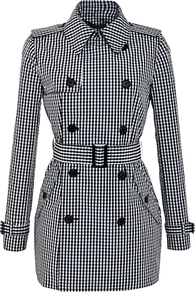 Short Checked Trench Coat, Black/New Vintage Ivory - length: below the bottom; style: double breasted; predominant colour: black; occasions: casual, evening, work; fit: tailored/fitted; fibres: polyester/polyamide - 100%; collar: shirt collar/peter pan/zip with opening; waist detail: belted waist/tie at waist/drawstring; pattern: dogtooth; sleeve length: long sleeve; sleeve style: standard; texture group: cotton feel fabrics; collar break: high; pattern type: fabric; pattern size: small & light