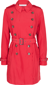 Cool It Down Trench Coat, Rococo - shoulder detail: obvious epaulette; style: double breasted; length: mid thigh; predominant colour: true red; occasions: casual, evening, work; fit: tailored/fitted; fibres: nylon - 100%; collar: shirt collar/peter pan/zip with opening; waist detail: belted waist/tie at waist/drawstring; back detail: back vent/flap at back; sleeve length: long sleeve; sleeve style: standard; collar break: high; pattern type: fabric; pattern size: standard; pattern: patterned/print; texture group: other - light to midweight