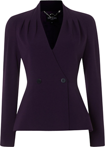 Cathy Jacket, Deep Purple - pattern: plain; style: single breasted blazer; collar: standard lapel/rever collar; predominant colour: purple; occasions: casual, evening, work; length: standard; fit: tailored/fitted; fibres: polyester/polyamide - stretch; waist detail: fitted waist; sleeve length: long sleeve; sleeve style: standard; collar break: medium; pattern type: fabric; pattern size: standard; texture group: woven light midweight