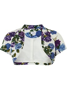 Hobbs Invtation Pippa Bolero, Ivory/Multi - style: bolero/shrug; length: cropped; collar: high neck; fit: slim fit; secondary colour: white; predominant colour: pale blue; occasions: evening, work, occasion; fibres: cotton - stretch; sleeve length: short sleeve; sleeve style: standard; texture group: cotton feel fabrics; trends: high impact florals; collar break: high; pattern type: fabric; pattern size: big & busy; pattern: florals