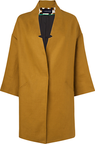 Linen Spring Coat, Gold - pattern: plain; collar: standard lapel/rever collar; length: mid thigh; predominant colour: gold; occasions: casual, evening, work, occasion; fit: straight cut (boxy); style: cocoon; fibres: linen - 100%; sleeve length: 3/4 length; sleeve style: standard; texture group: cotton feel fabrics; collar break: medium; pattern type: fabric; pattern size: standard