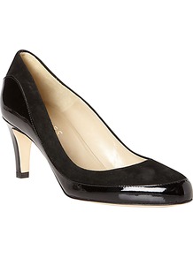 Ella Patent Leather And Suede Almond Toe Court Shoes, Black - predominant colour: black; occasions: evening, work, occasion; material: leather; heel height: mid; heel: standard; toe: pointed toe; style: courts; finish: patent; pattern: plain