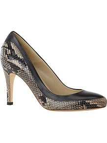 Helen Snakeskin Print Leather Almond Toe Court Shoes, Black - predominant colour: black; occasions: evening, work, occasion; material: leather; heel height: high; heel: stiletto; toe: round toe; style: courts; finish: plain; pattern: animal print, colourblock