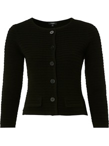 Venitia Jacket, Black - pattern: plain; style: single breasted blazer; bust detail: added detail/embellishment at bust; collar: round collar/collarless; fit: slim fit; predominant colour: black; occasions: casual, evening, work; length: standard; fibres: wool - mix; sleeve length: 3/4 length; sleeve style: standard; texture group: knits/crochet; collar break: high; pattern type: knitted - fine stitch; pattern size: standard