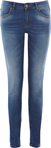 Skinny Jeans, Dark Wash Denim - style: skinny leg; length: standard; pattern: plain; pocket detail: traditional 5 pocket; waist: mid/regular rise; predominant colour: denim; occasions: casual; fibres: cotton - stretch; jeans detail: whiskering, shading down centre of thigh, dark wash, washed/faded; texture group: denim; pattern type: fabric; pattern size: standard