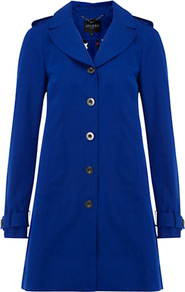 Rena Mac, Sea Blue - pattern: plain; shoulder detail: obvious epaulette; style: mac; collar: standard lapel/rever collar; length: mid thigh; predominant colour: royal blue; occasions: casual, evening, work; fit: straight cut (boxy); fibres: polyester/polyamide - mix; sleeve length: long sleeve; sleeve style: standard; collar break: medium; pattern type: fabric; pattern size: standard; texture group: other - light to midweight
