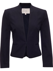 Camellia Jacket, Navy - pattern: plain; style: single breasted blazer; collar: standard lapel/rever collar; predominant colour: navy; occasions: evening, work, occasion; length: standard; fit: tailored/fitted; fibres: cotton - 100%; waist detail: fitted waist; sleeve length: long sleeve; sleeve style: standard; collar break: low/open; pattern type: fabric; pattern size: standard; texture group: other - light to midweight