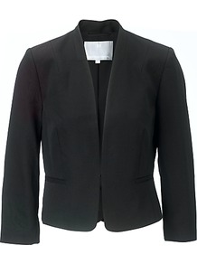 Camellia Jacket, Black - pattern: plain; style: single breasted blazer; collar: shawl/waterfall; predominant colour: black; occasions: casual, work; length: standard; fit: tailored/fitted; fibres: cotton - 100%; sleeve length: 3/4 length; sleeve style: standard; texture group: cotton feel fabrics; collar break: low/open; pattern type: fabric; pattern size: standard