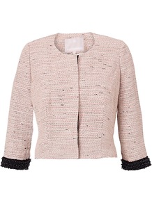 Sophia Jacket, Pale Pink - pattern: plain; collar: round collar/collarless; style: boxy; predominant colour: blush; occasions: casual, evening, work; length: standard; fit: straight cut (boxy); fibres: cotton - mix; sleeve length: 3/4 length; sleeve style: standard; collar break: high; pattern type: fabric; pattern size: standard; texture group: tweed - light/midweight