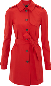 Blackheath Mac, Poppy - pattern: plain; hip detail: side pockets at hip; style: mac; fit: slim fit; length: mid thigh; predominant colour: true red; occasions: casual, evening, work; fibres: polyester/polyamide - 100%; collar: shirt collar/peter pan/zip with opening; waist detail: fitted waist, belted waist/tie at waist/drawstring; shoulder detail: discreet epaulette; back detail: back vent/flap at back; sleeve length: long sleeve; sleeve style: standard; collar break: high; pattern type: fabric; pattern size: standard; texture group: other - light to midweight